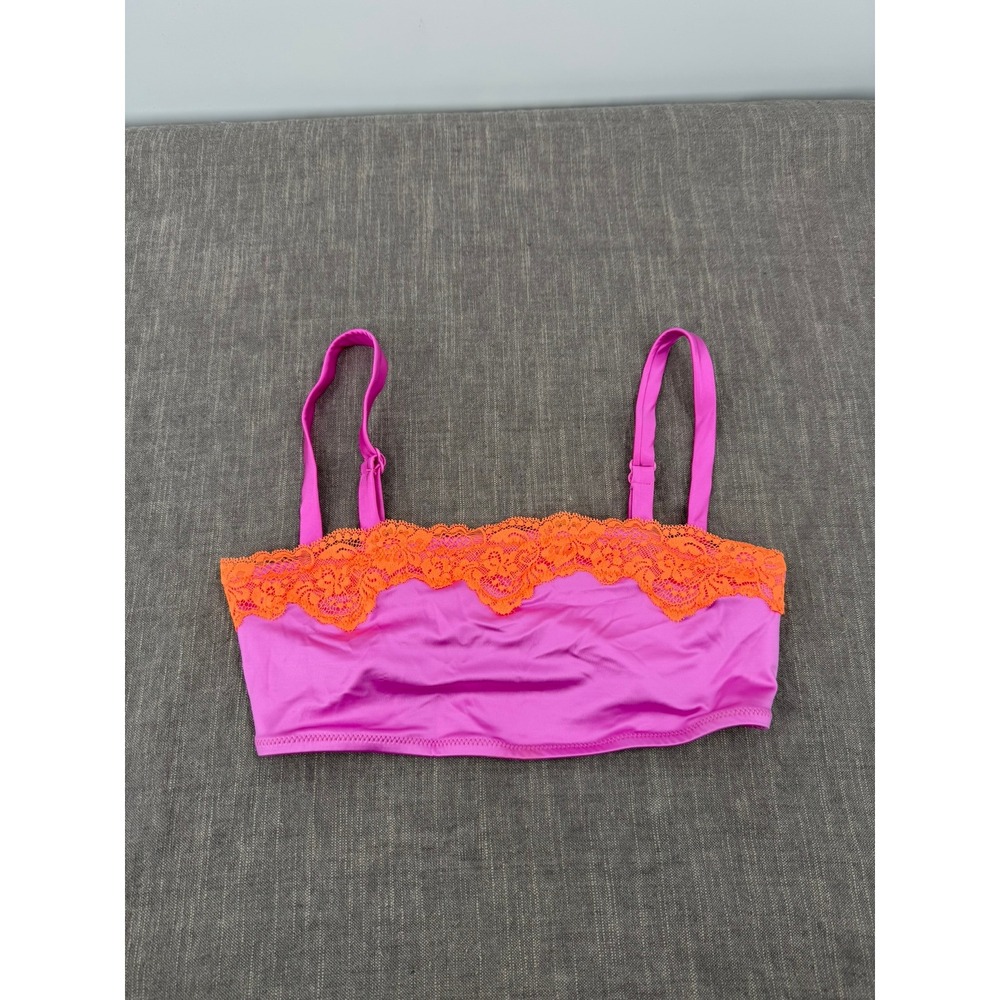 SKIMS Recycled Swim Bandeau Bikini Top Lace Trim Neon Orchid Orange Size S NWT